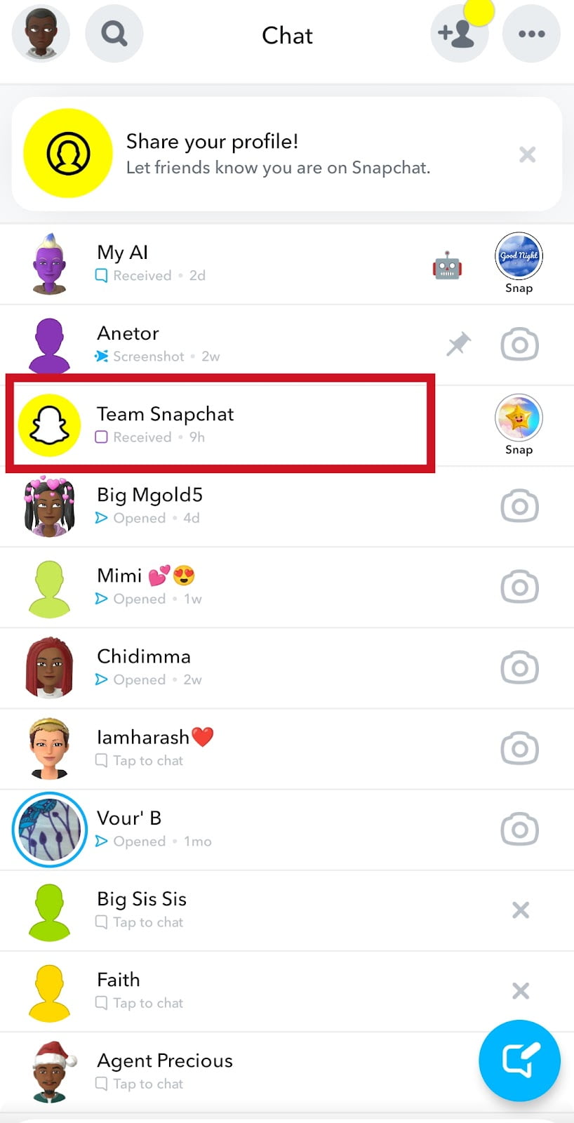 Team Snapchat via app